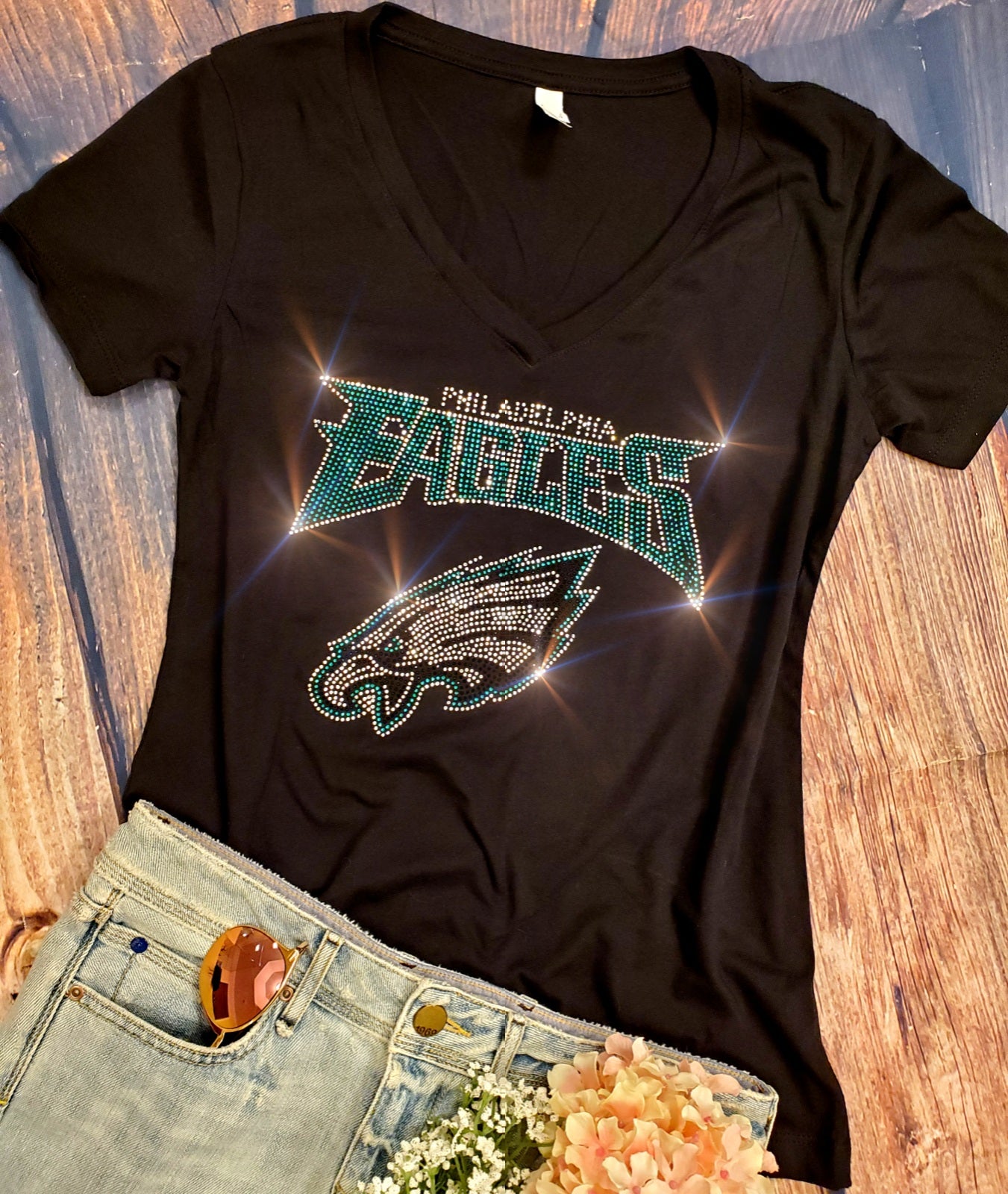 Rhinestone Eagles Women's Relaxed Fit V-Neck T-shirt  Bling Philadelphia Eagles