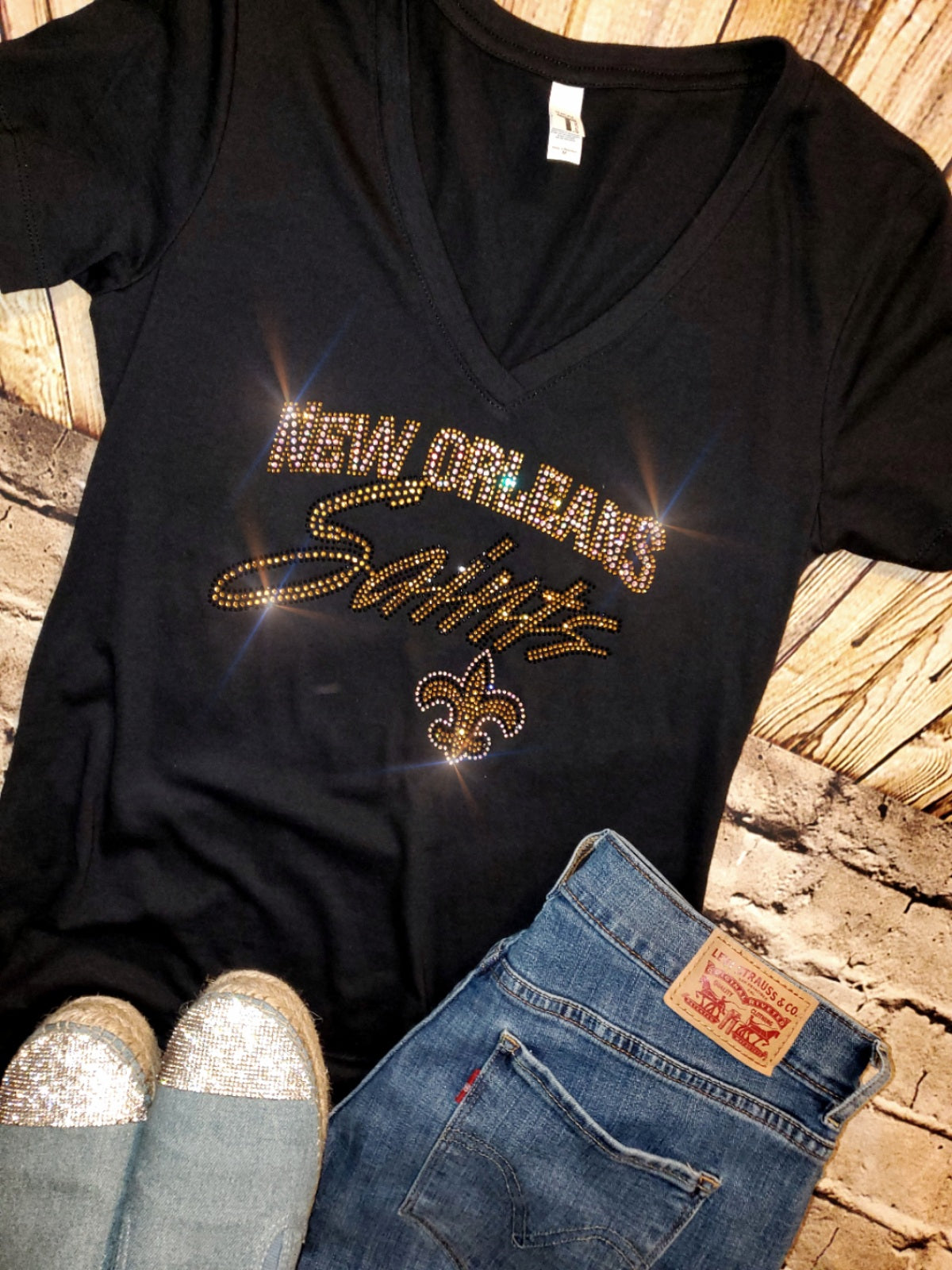 Rhinestone New Orleans Saints UNISEX V-Neck OR Crewneck Black T-shirt Bling Saints Women's Shirt