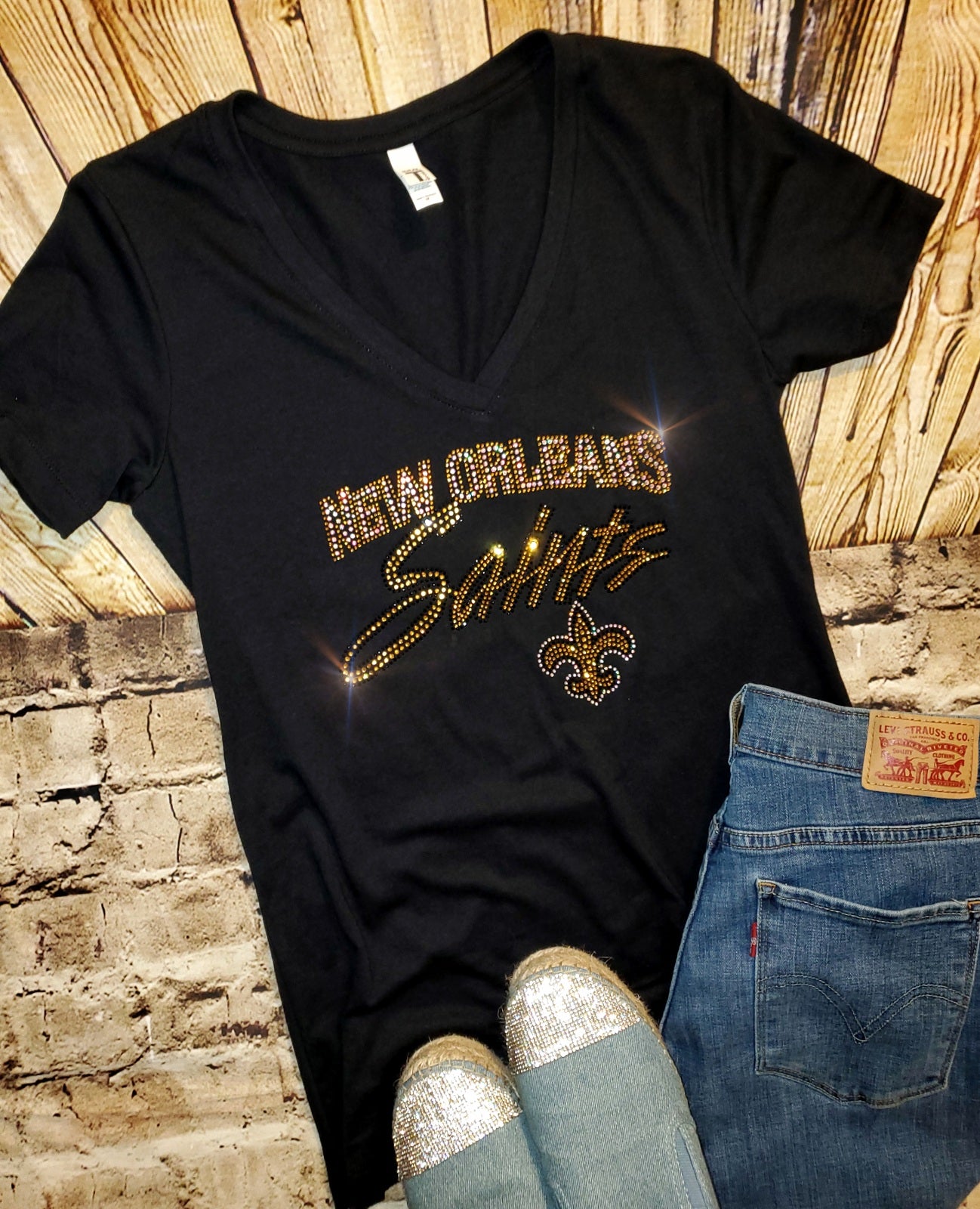 Rhinestone New Orleans Saints UNISEX V-Neck OR Crewneck Black T-shirt Bling Saints Women's Shirt