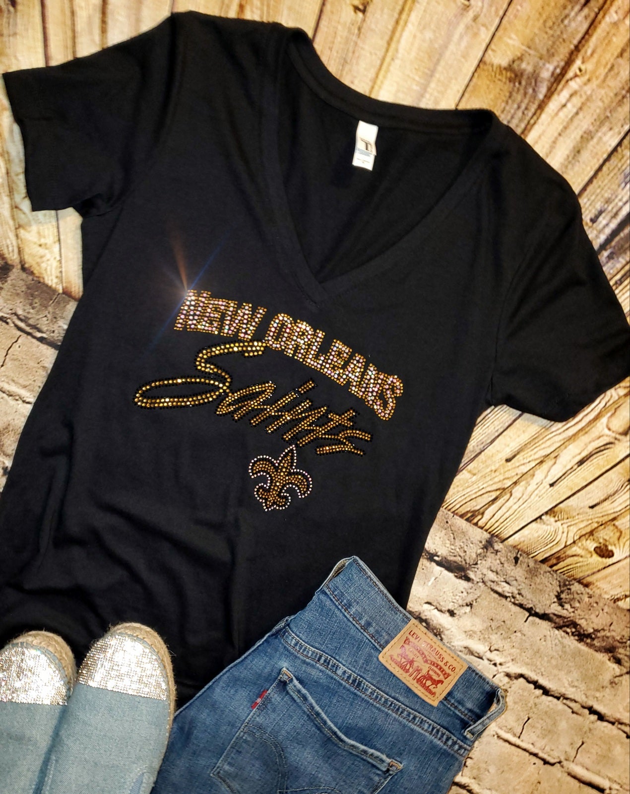 Rhinestone New Orleans Saints UNISEX V-Neck OR Crewneck Black T-shirt Bling Saints Women's Shirt