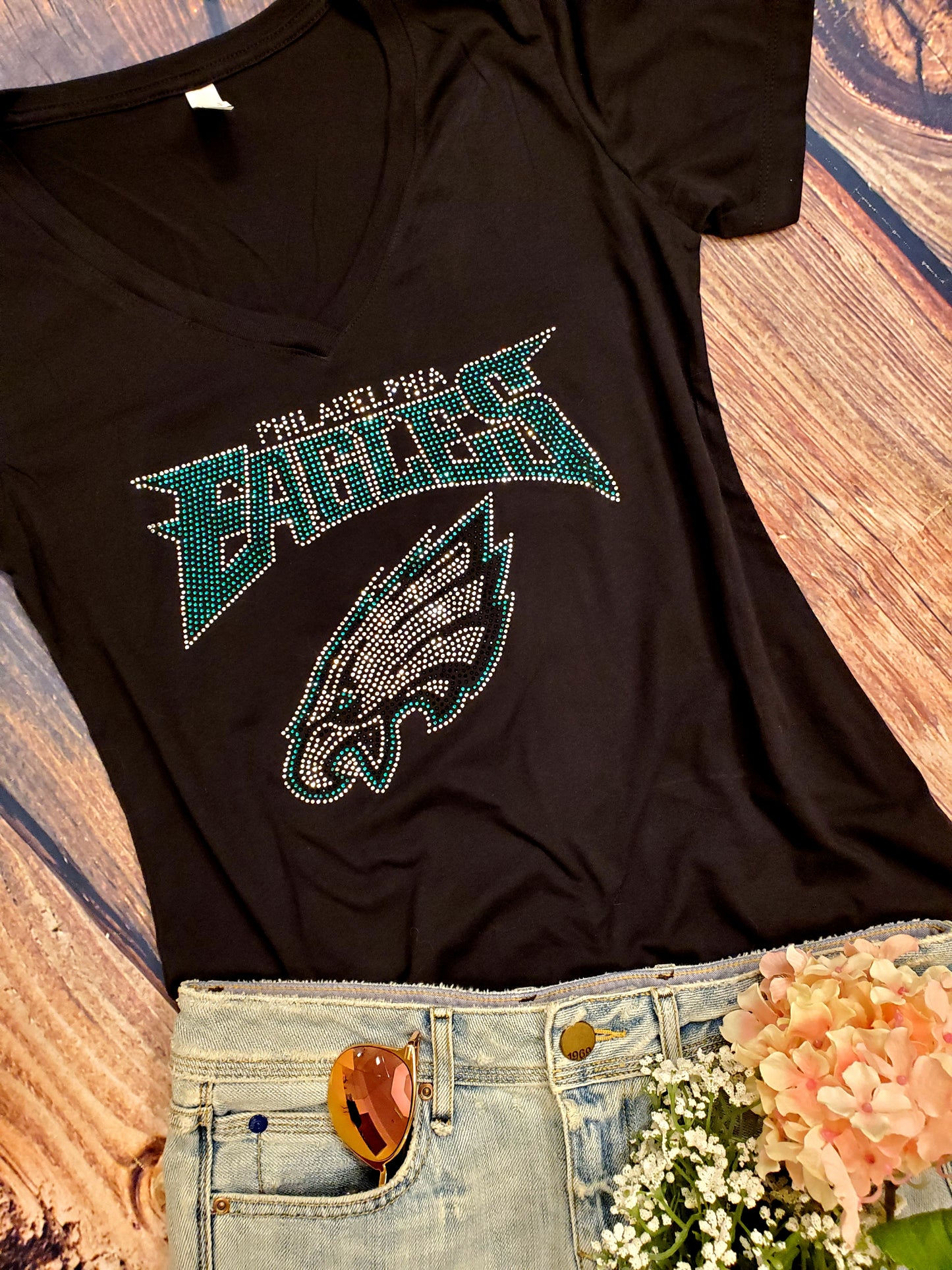 Rhinestone Eagles UNISEX Crewneck OR V-Neck T-Shirt Bling Philadelphia Eagles Tshirt