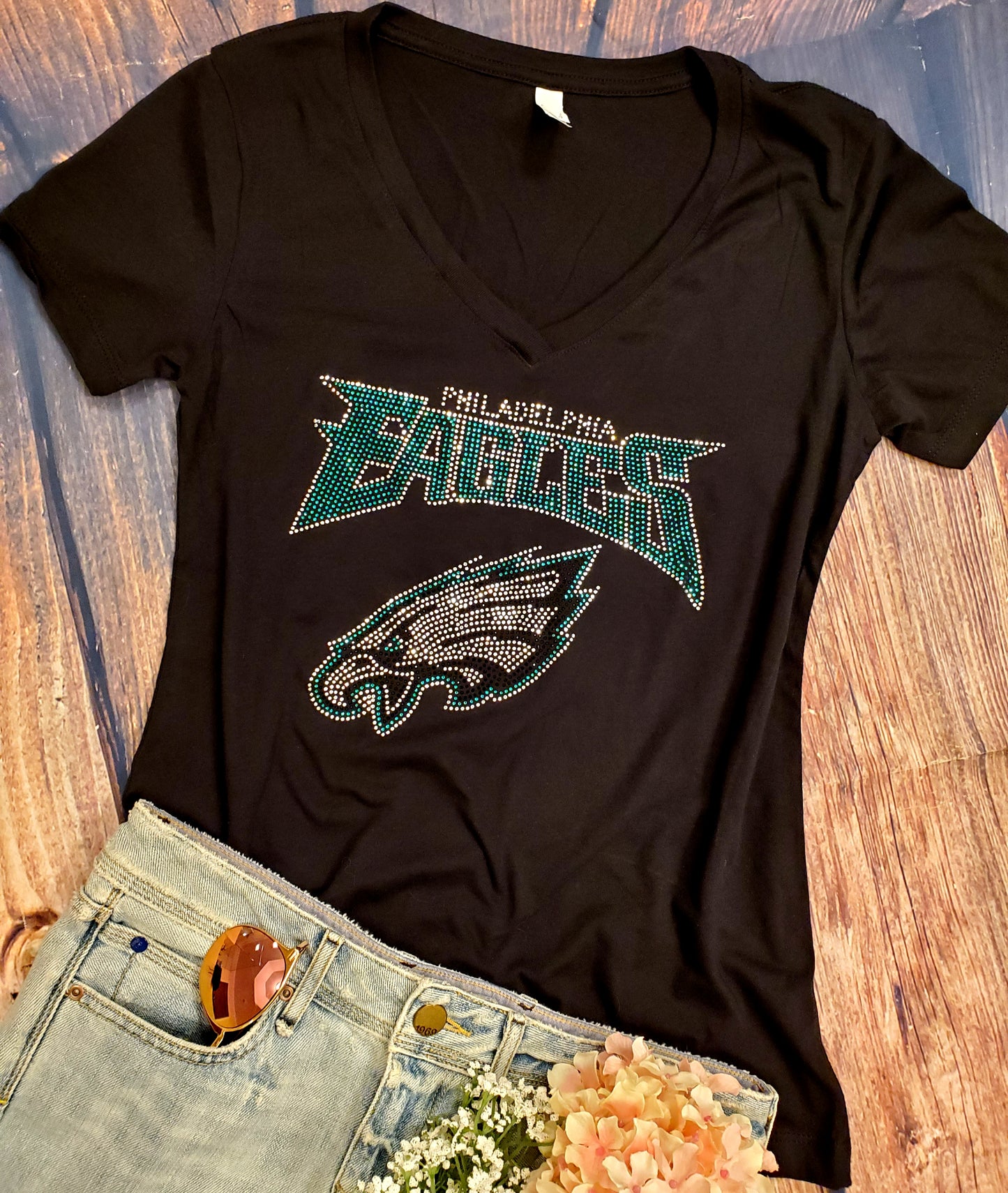 Rhinestone Eagles UNISEX Crewneck OR V-Neck T-Shirt Bling Philadelphia Eagles Tshirt