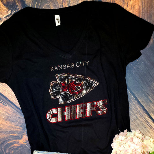 Rhinestone Chiefs UNISEX V-Neck Black T-shirt Bling Kansas City Chiefs Women's Shirt