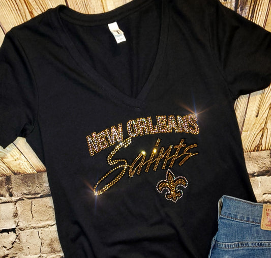 Rhinestone New Orleans Saints UNISEX V-Neck OR Crewneck Black T-shirt Bling Saints Women's Shirt