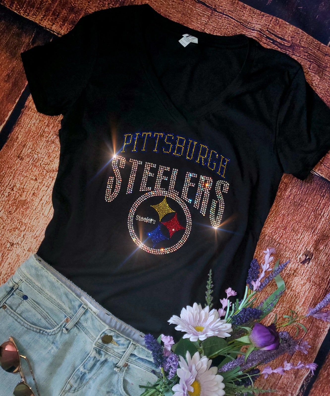 Rhinestone Steelers Women's Relaxed Fit V-Neck T-shirt Bling Pittsburgh Steelers