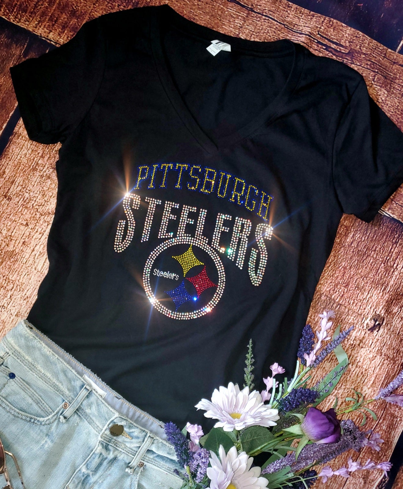 Rhinestone Steelers UNISEX Crewneck OR V-Neck T-Shirt Bling Pittsburgh Steelers Shirt