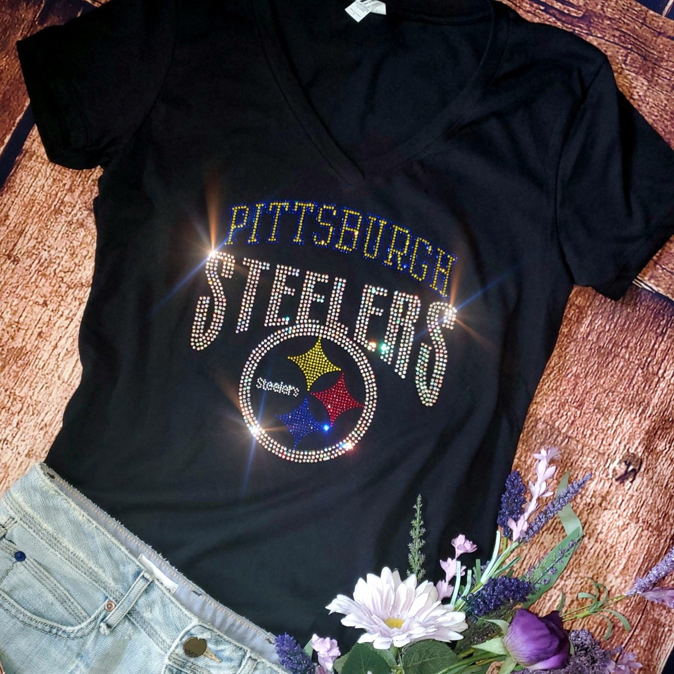 Rhinestone Steelers Women's Relaxed Fit V-Neck T-shirt Bling Pittsburgh Steelers