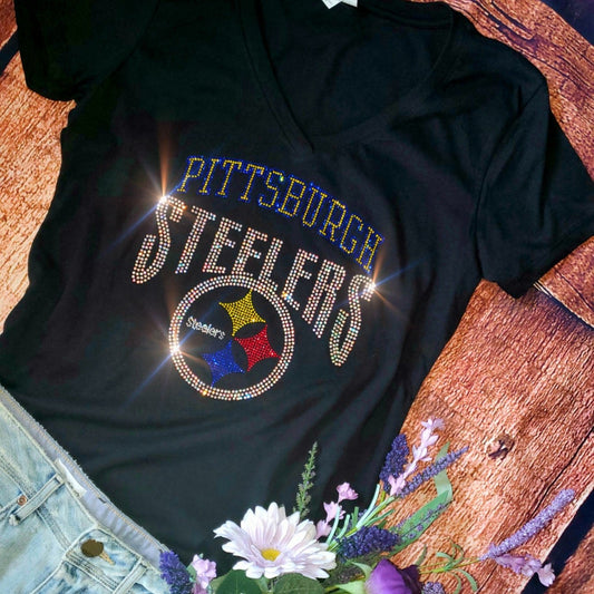 Rhinestone Steelers UNISEX Crewneck OR V-Neck T-Shirt Bling Pittsburgh Steelers Shirt