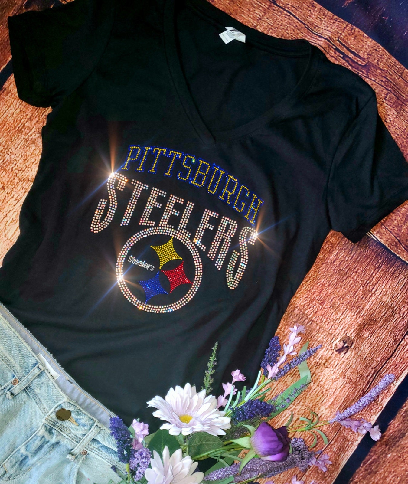 Rhinestone Steelers Women's Relaxed Fit V-Neck T-shirt Bling Pittsburgh Steelers