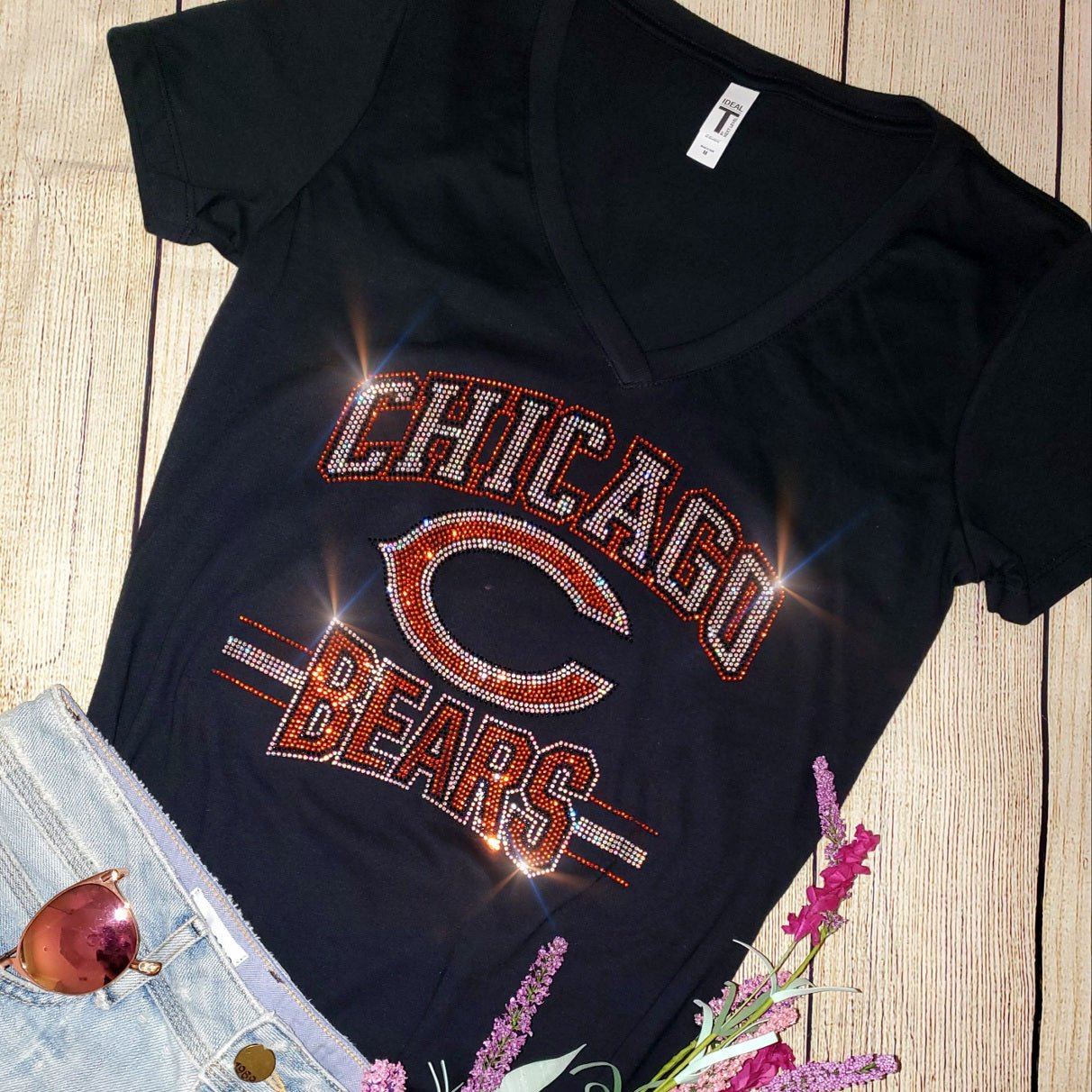 Rhinestone Bears UNISEX Crewneck OR V-Neck T-Shirt Bling Chicago Bears Navy or Black T-shirt