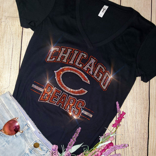 Rhinestone Bears Women's Relaxed Fit V-Neck T-shirt Navy or Black Bling Chicago Bears