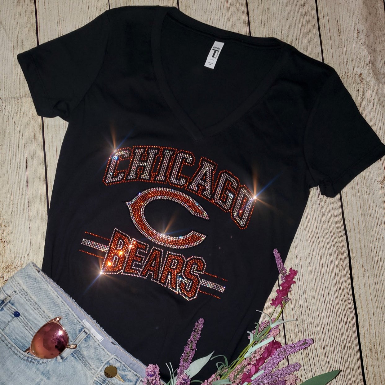 Rhinestone Bears UNISEX Crewneck OR V-Neck T-Shirt Bling Chicago Bears Navy or Black T-shirt