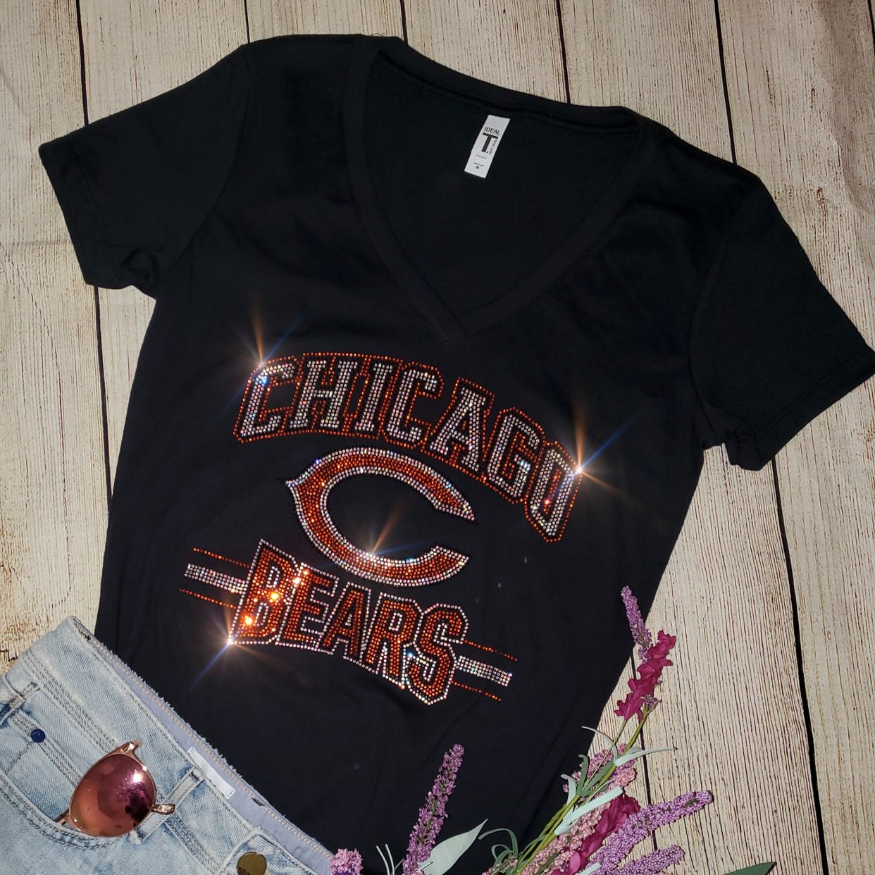 Rhinestone Bears Women's Relaxed Fit V-Neck T-shirt Navy or Black Bling Chicago Bears