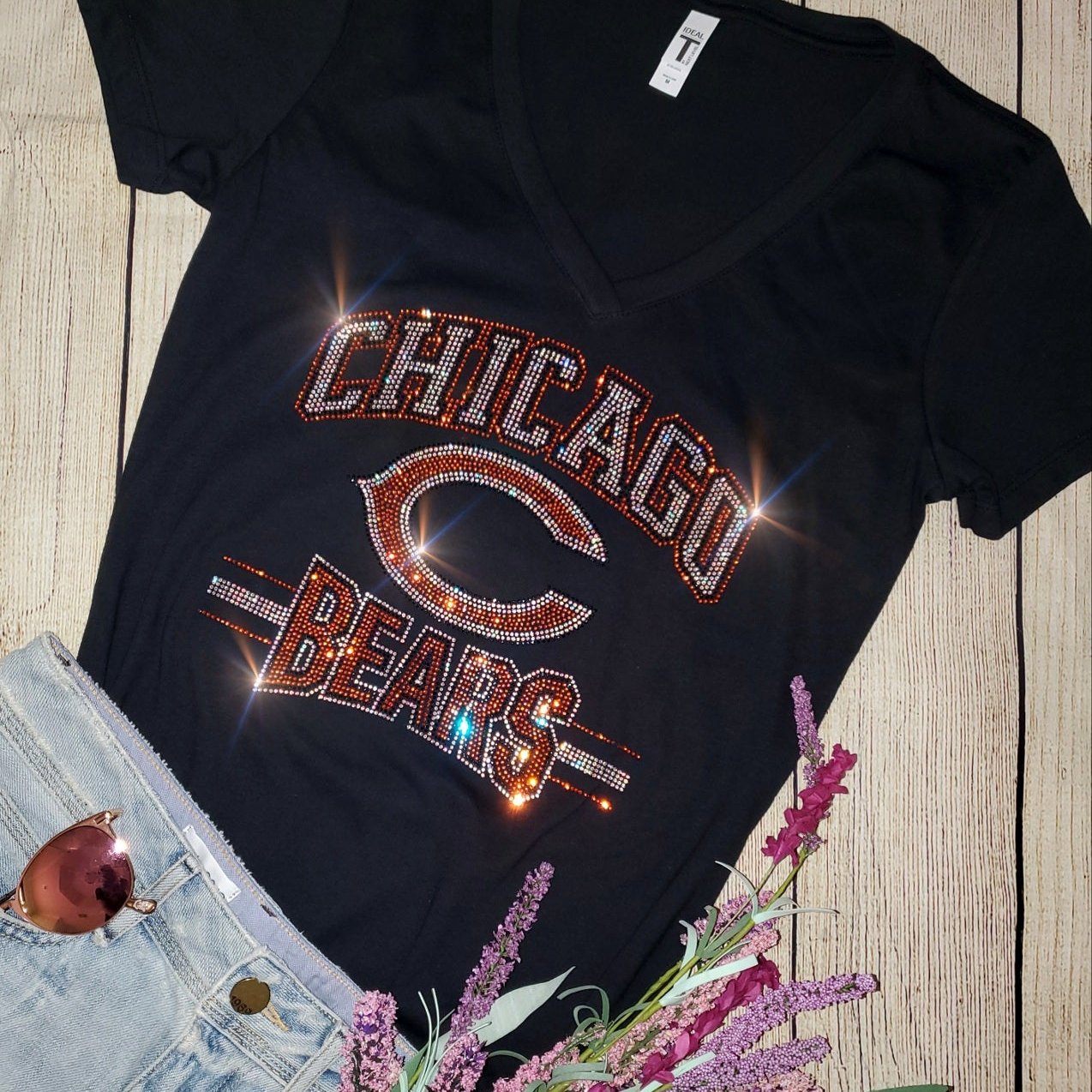 Rhinestone Bears UNISEX Crewneck OR V-Neck T-Shirt Bling Chicago Bears Navy or Black T-shirt