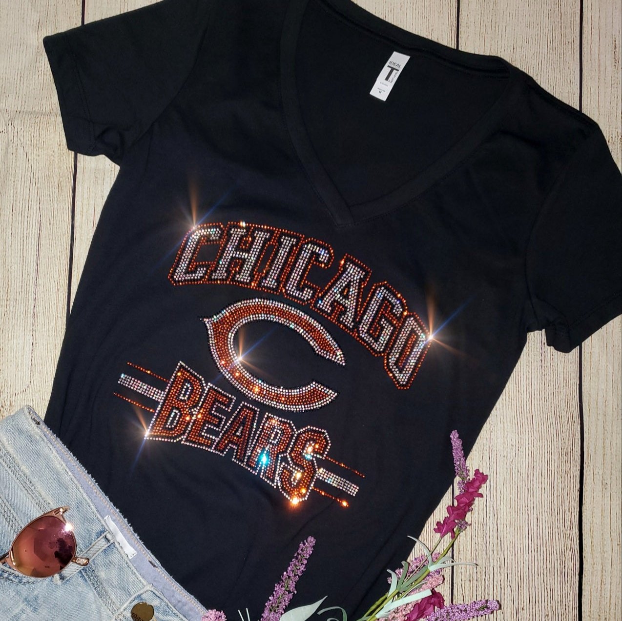 Rhinestone Bears Women's Relaxed Fit V-Neck T-shirt Navy or Black Bling Chicago Bears