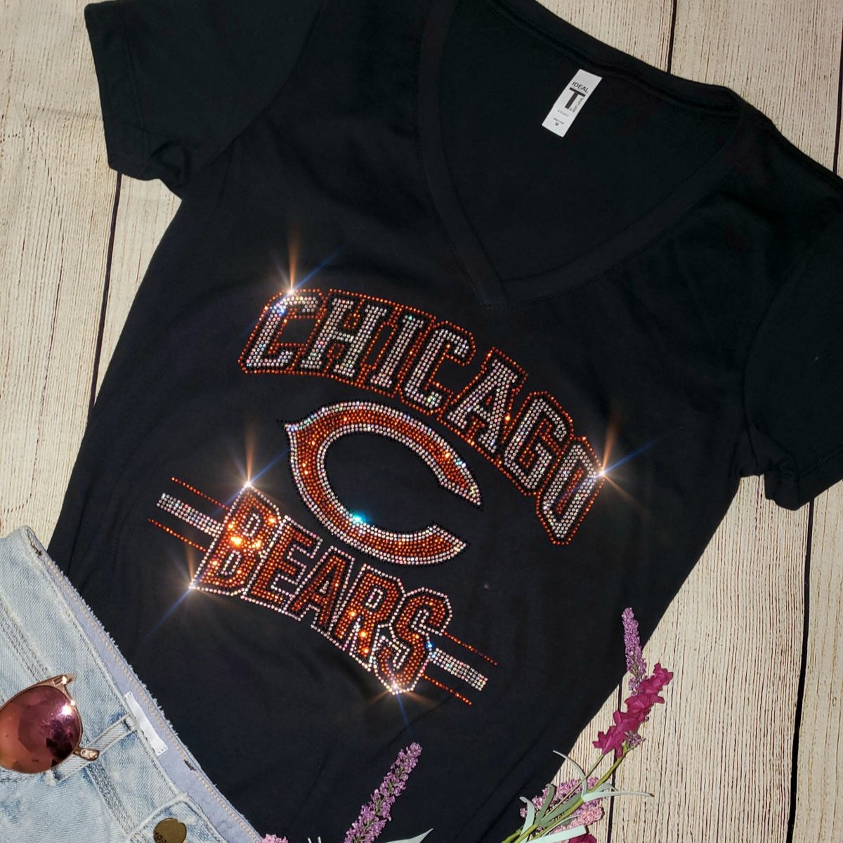 Rhinestone Bears UNISEX Crewneck OR V-Neck T-Shirt Bling Chicago Bears Navy or Black T-shirt