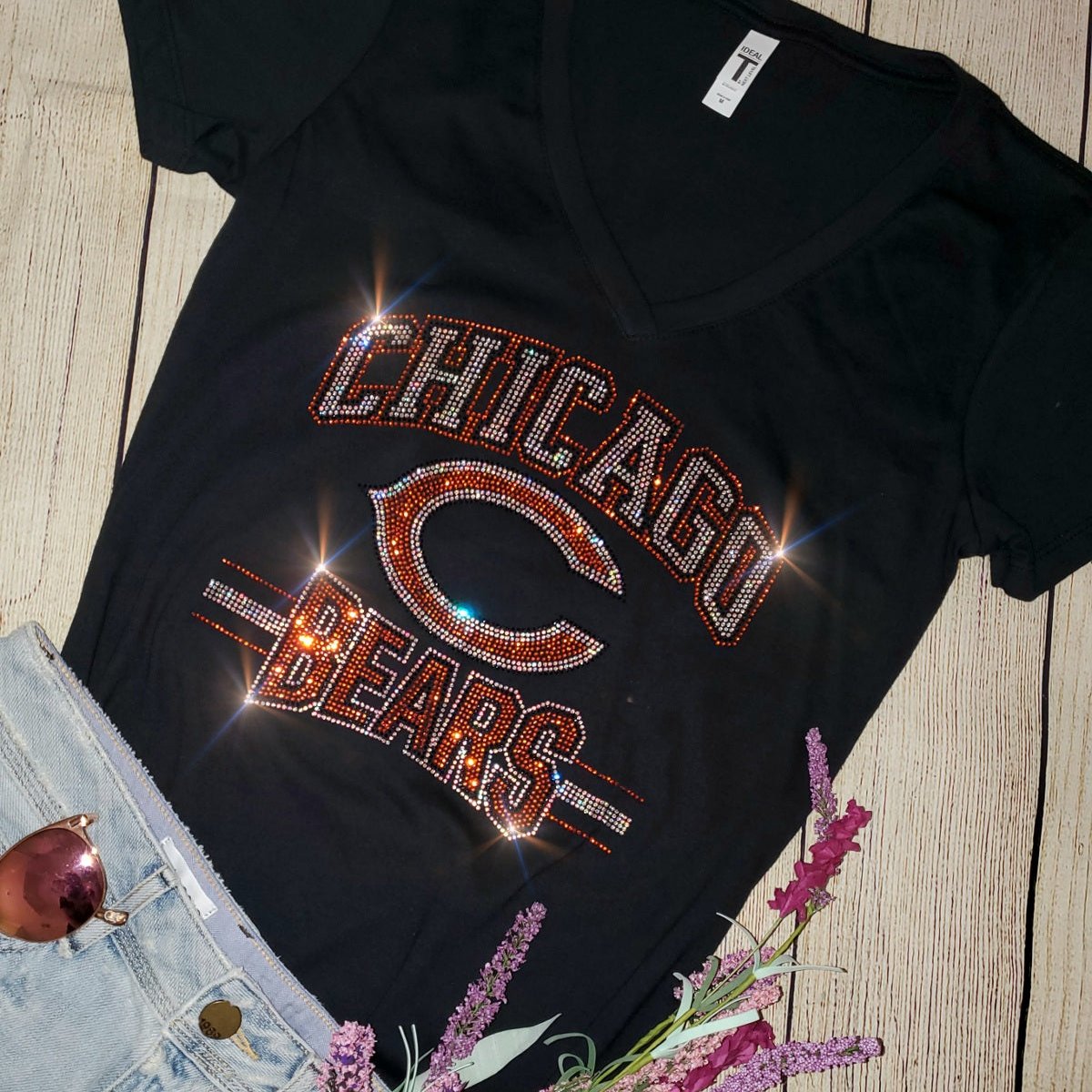 Rhinestone Bears Women's Relaxed Fit V-Neck T-shirt Navy or Black Bling Chicago Bears