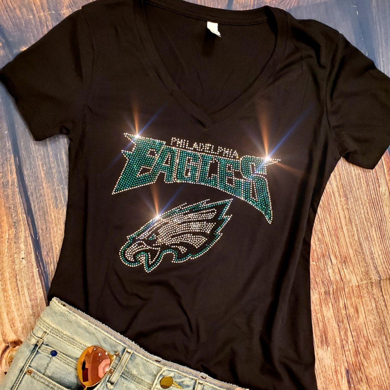 Rhinestone Eagles Women's Relaxed Fit V-Neck T-shirt  Bling Philadelphia Eagles