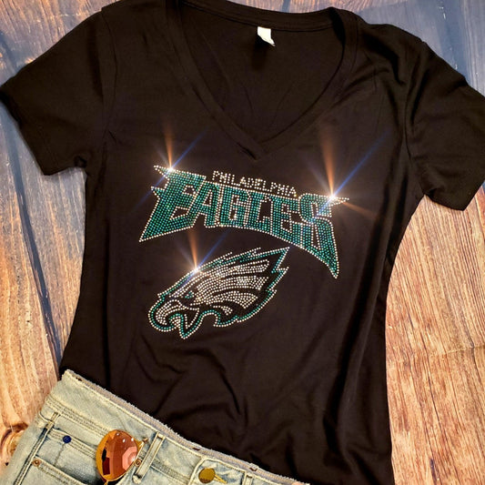 Rhinestone Eagles Women's Relaxed Fit V-Neck T-shirt  Bling Philadelphia Eagles