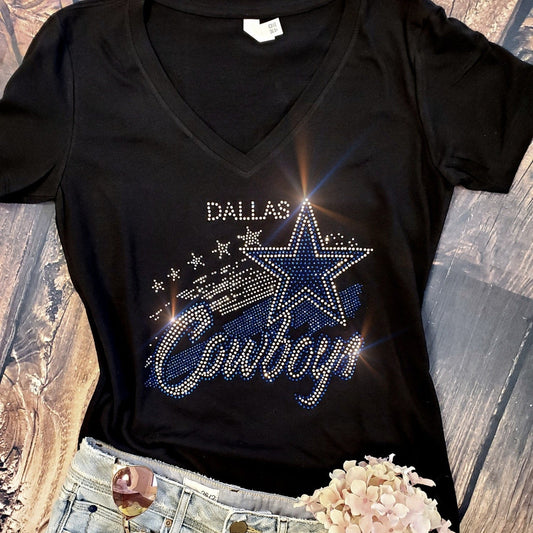 Rhinestone Cowboys Women's Relaxed Fit V-Neck T-shirt Bling Dallas Cowboys