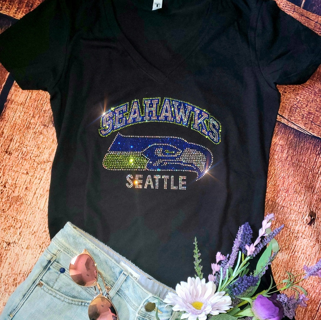 Rhinestone Seattle Seahawks Women's Relaxed Fit V-Neck T-shirt Bling Seattle Seahawks