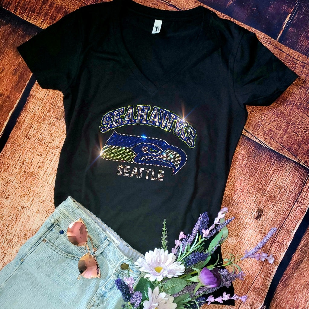 Rhinestone Seattle Seahawks Women's Relaxed Fit V-Neck T-shirt Bling Seattle Seahawks