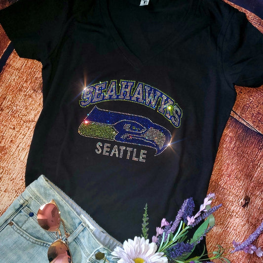 Rhinestone Seattle Seahawks Women's Relaxed Fit V-Neck T-shirt Bling Seattle Seahawks