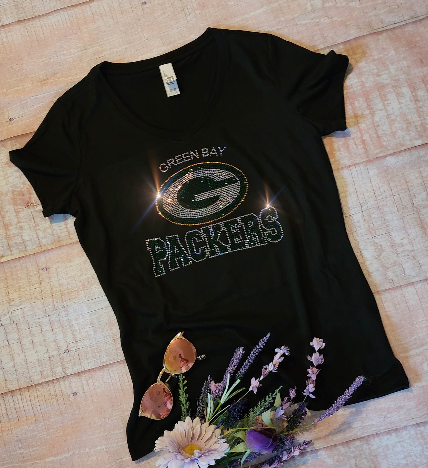 Rhinestone Packers UNISEX Crewneck OR V-Neck T-Shirt Bling Green Bay Packers Shirt