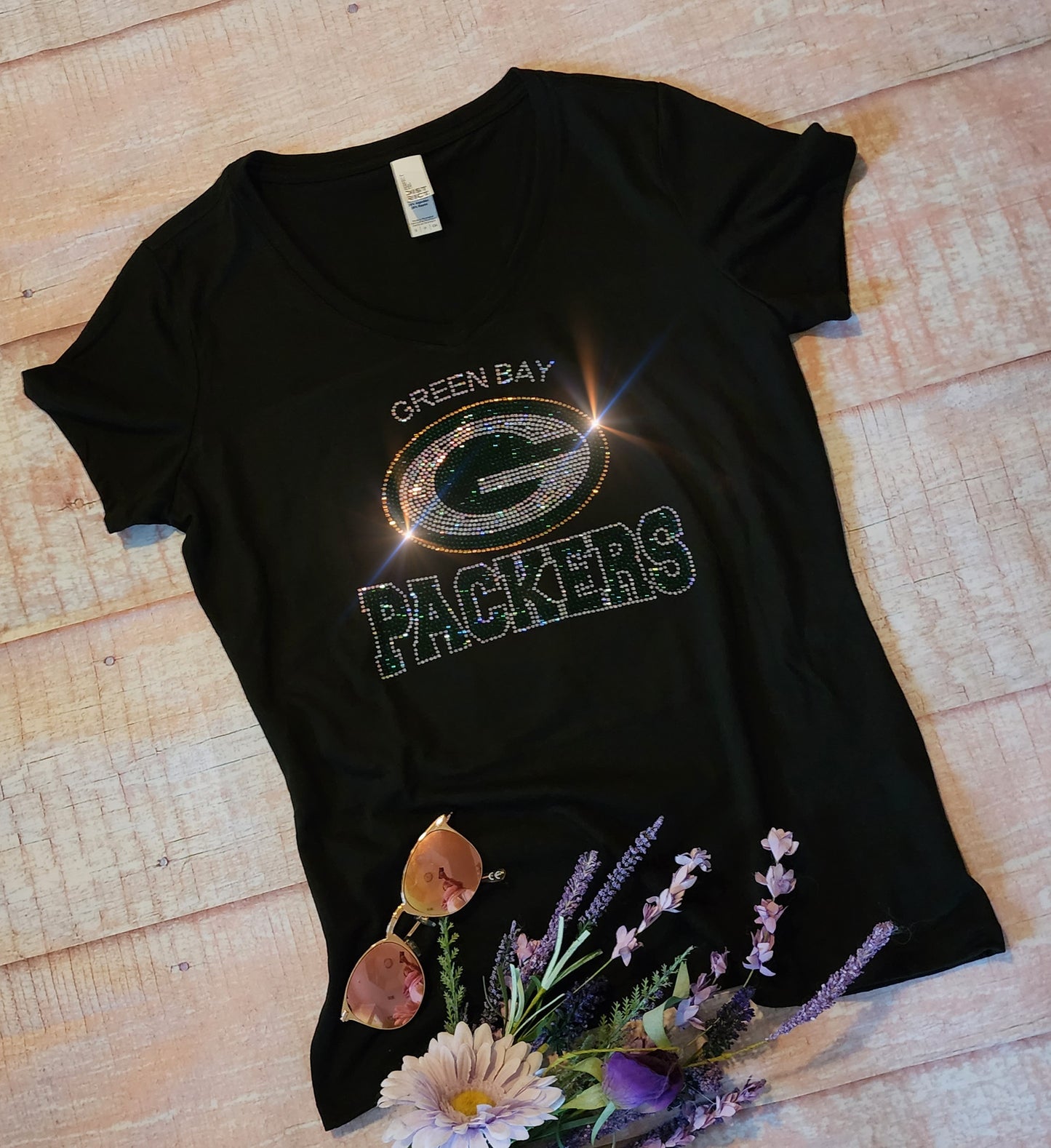 Rhinestone Packers Women's Relaxed Fit V-Neck T-shirt Bling Green Bay Packers