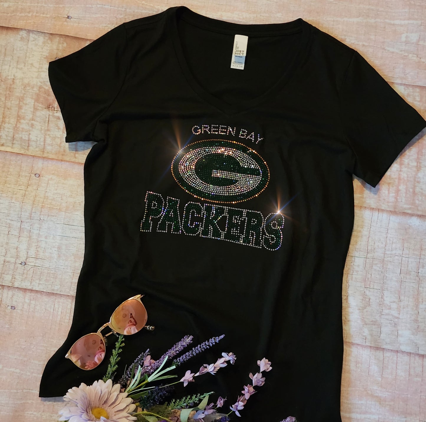 Rhinestone Packers Women's Relaxed Fit V-Neck T-shirt Bling Green Bay Packers