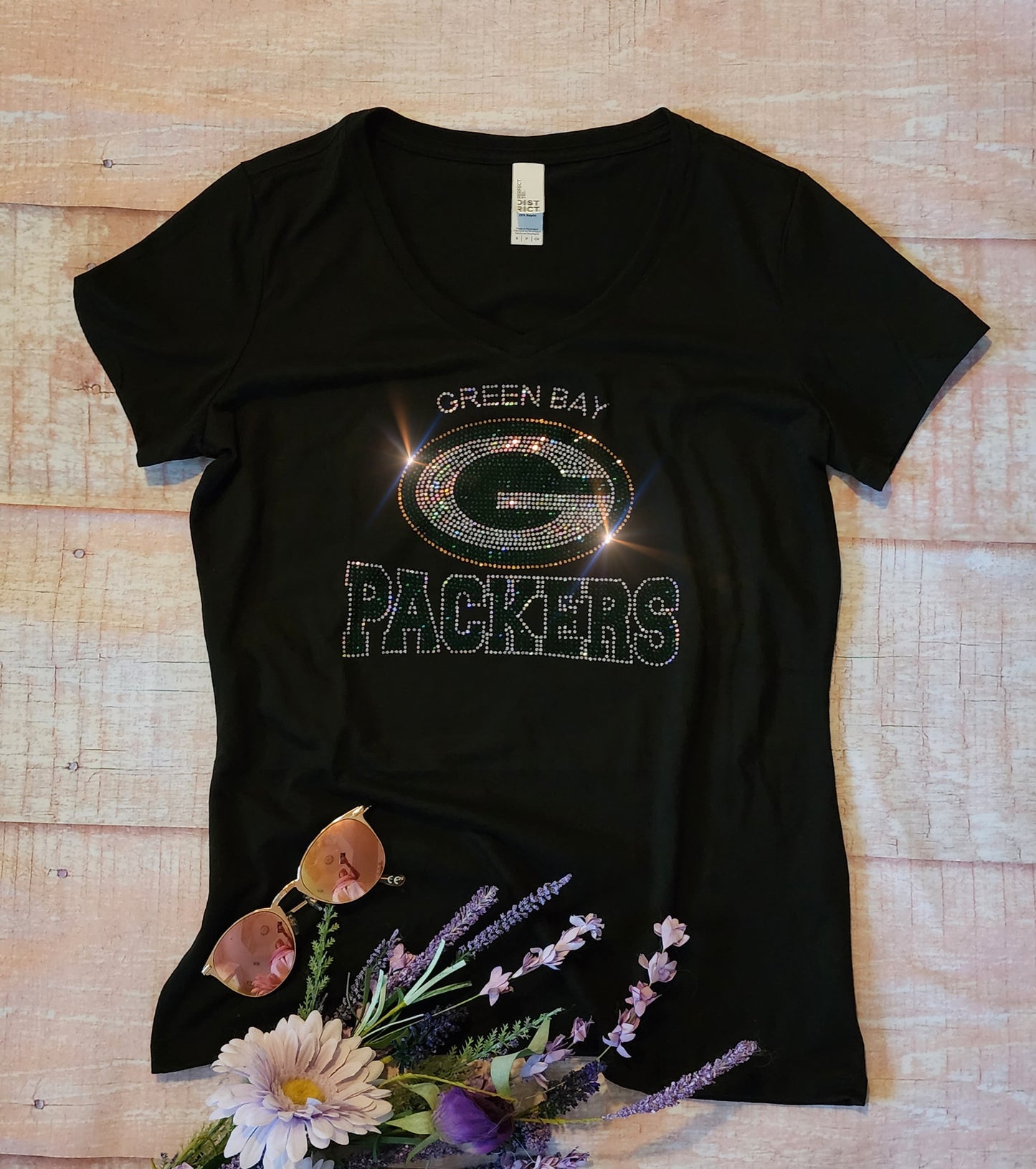 Rhinestone Packers Women's Relaxed Fit V-Neck T-shirt Bling Green Bay Packers