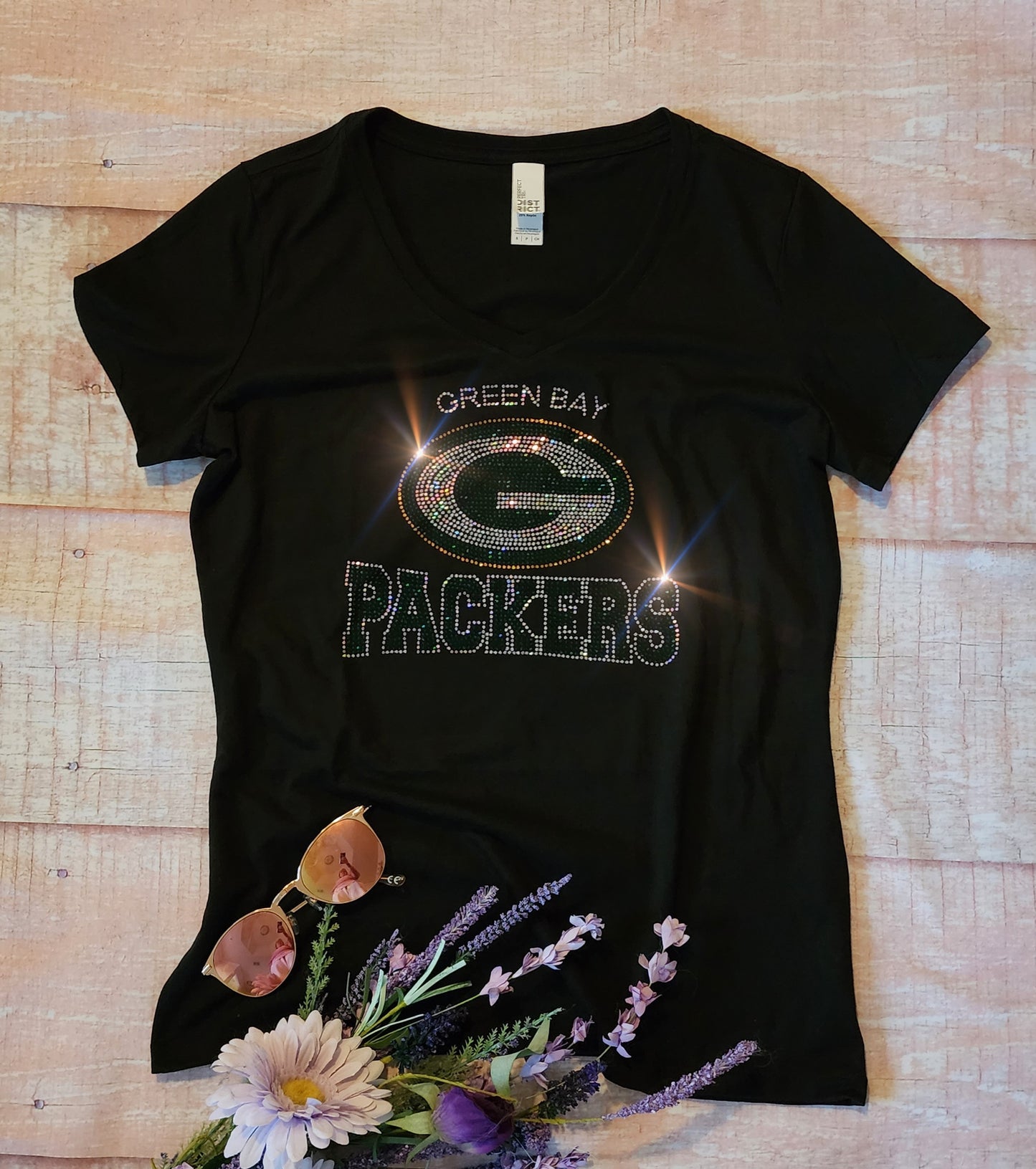 Rhinestone Packers Women's Relaxed Fit V-Neck T-shirt Bling Green Bay Packers