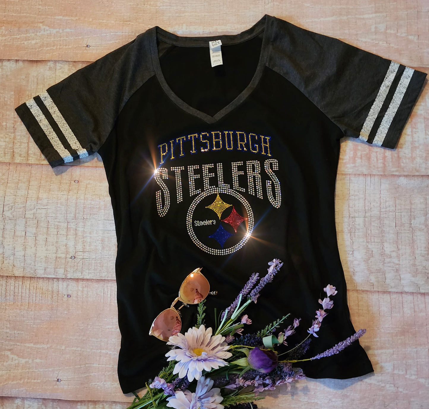 Rhinestone Steelers Women's Striped Sleeve V-Neck T-shirt Bling Pittsburgh Steelers