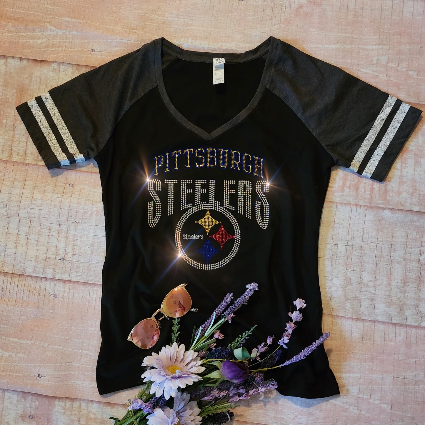 Rhinestone Steelers Women's Striped Sleeve V-Neck T-shirt Bling Pittsburgh Steelers