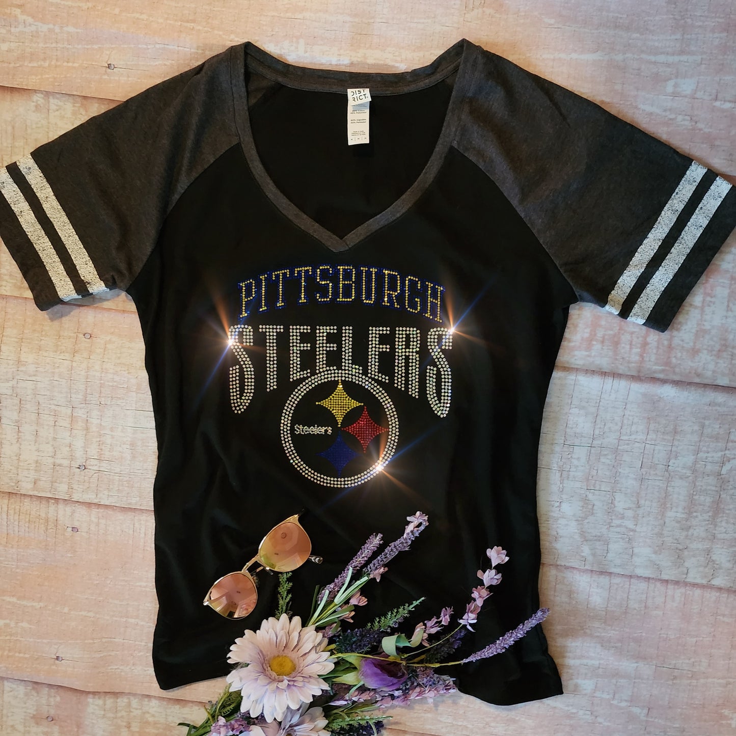 Rhinestone Steelers Women's Striped Sleeve V-Neck T-shirt Bling Pittsburgh Steelers