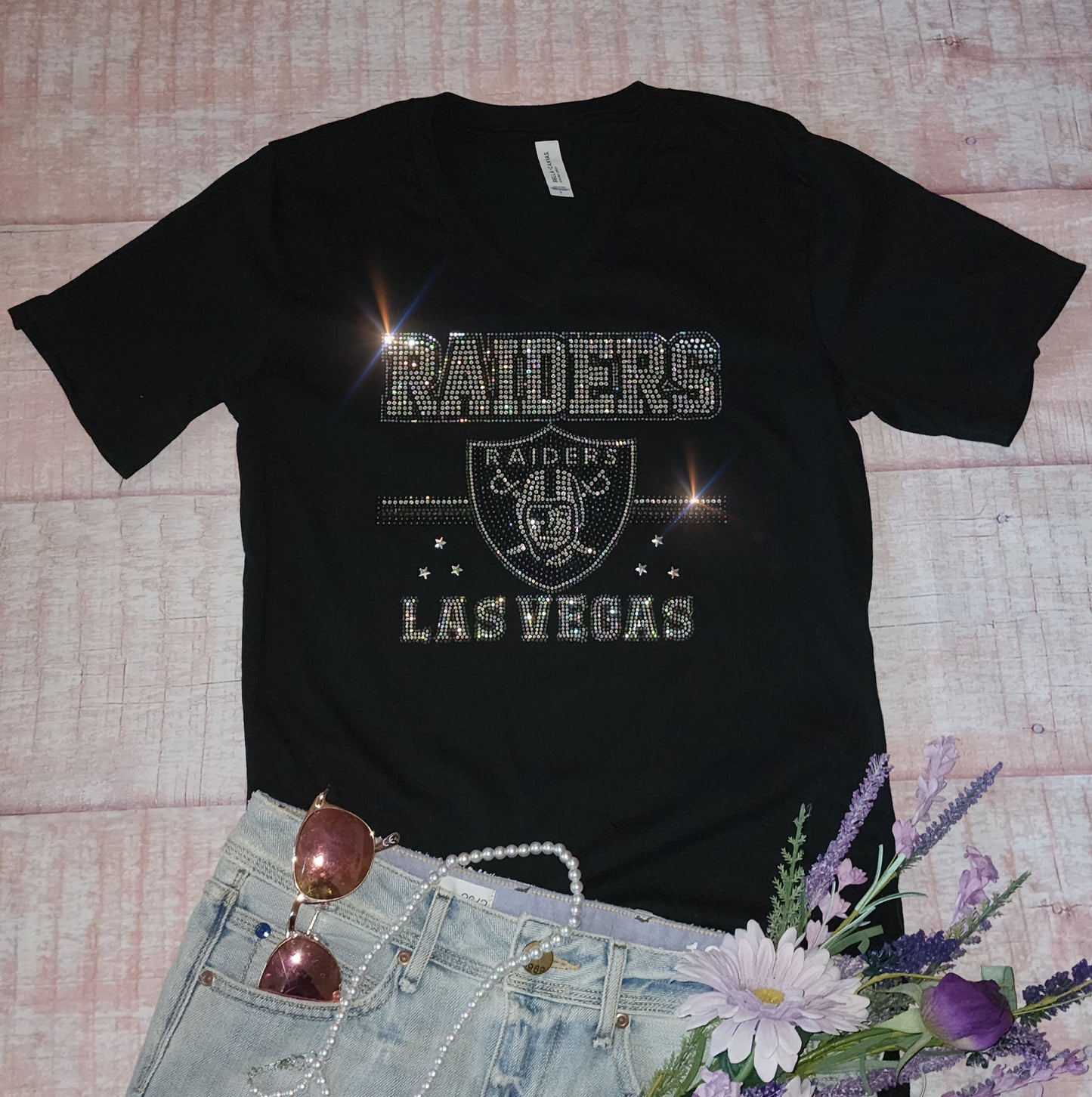 Rhinestone Raiders Women's Relaxed Fit V-Neck T-shirt Bling Baltimore Ravens Top