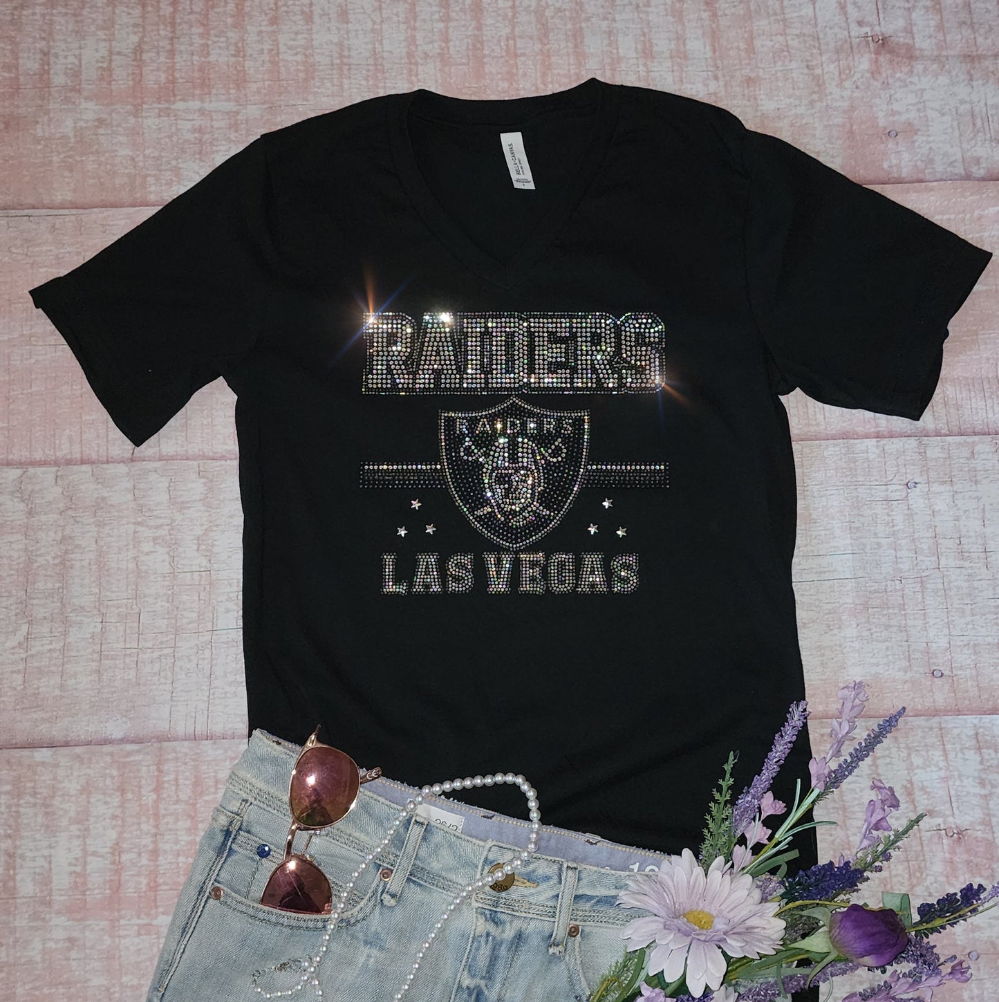 Rhinestone Raiders Women's Relaxed Fit V-Neck T-shirt Bling Baltimore Ravens Top