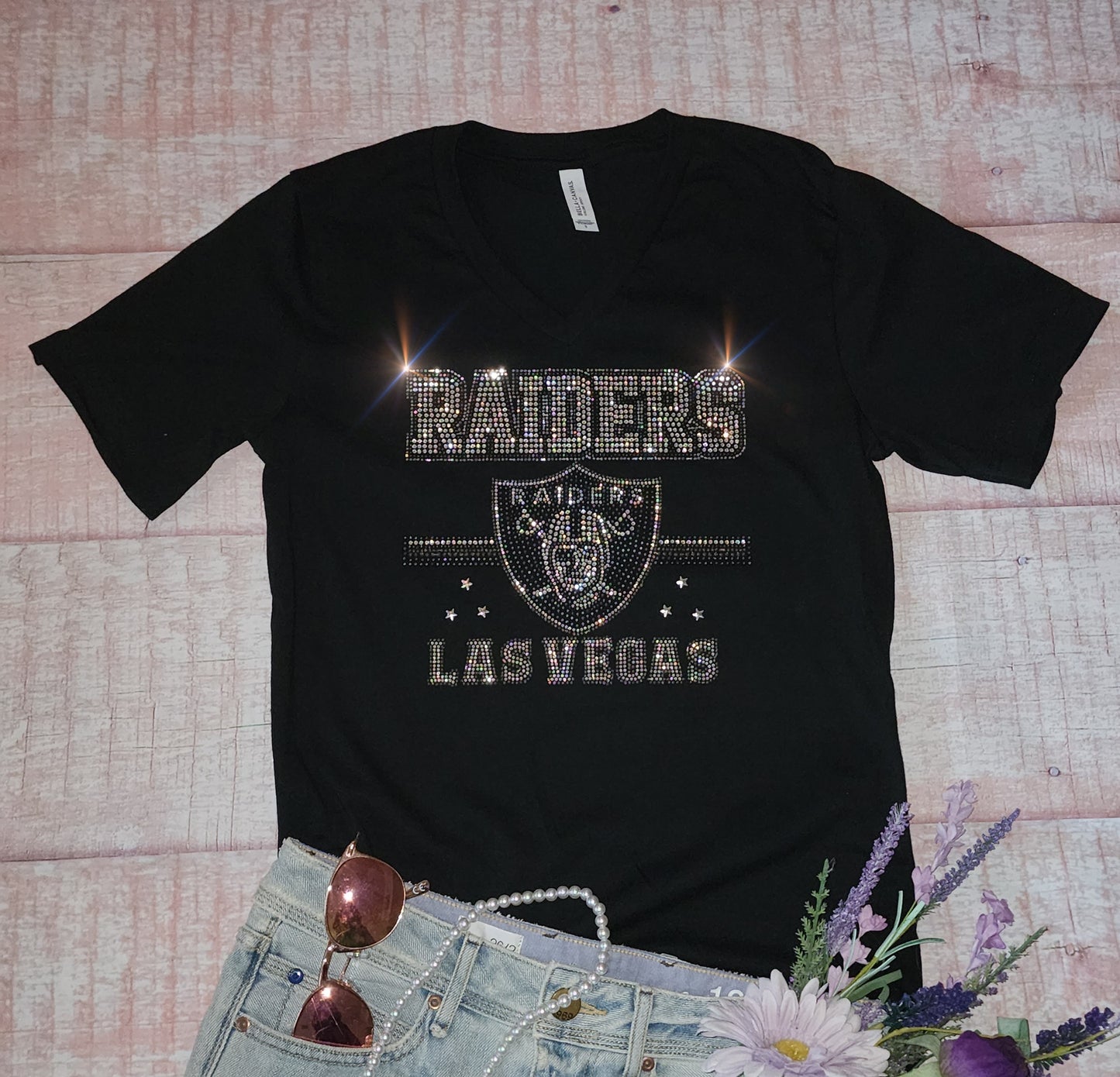 Rhinestone Raiders Women's Relaxed Fit V-Neck T-shirt Bling Baltimore Ravens Top