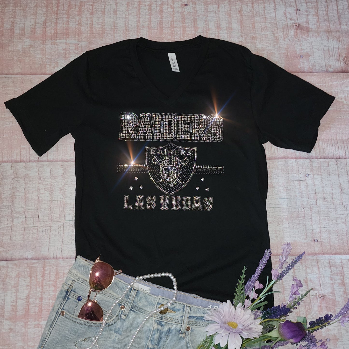 Rhinestone Raiders Women's Relaxed Fit V-Neck T-shirt Bling Baltimore Ravens Top