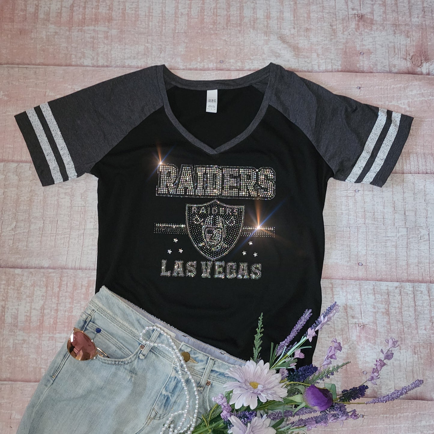 Rhinestone Raiders Striped Sleeve Women's Relaxed Fit V-Neck T-shirt Bling Baltimore Ravens Top