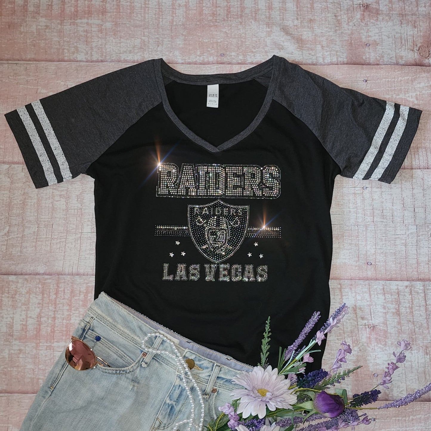 Rhinestone Raiders Striped Sleeve Women's Relaxed Fit V-Neck T-shirt Bling Baltimore Ravens Top