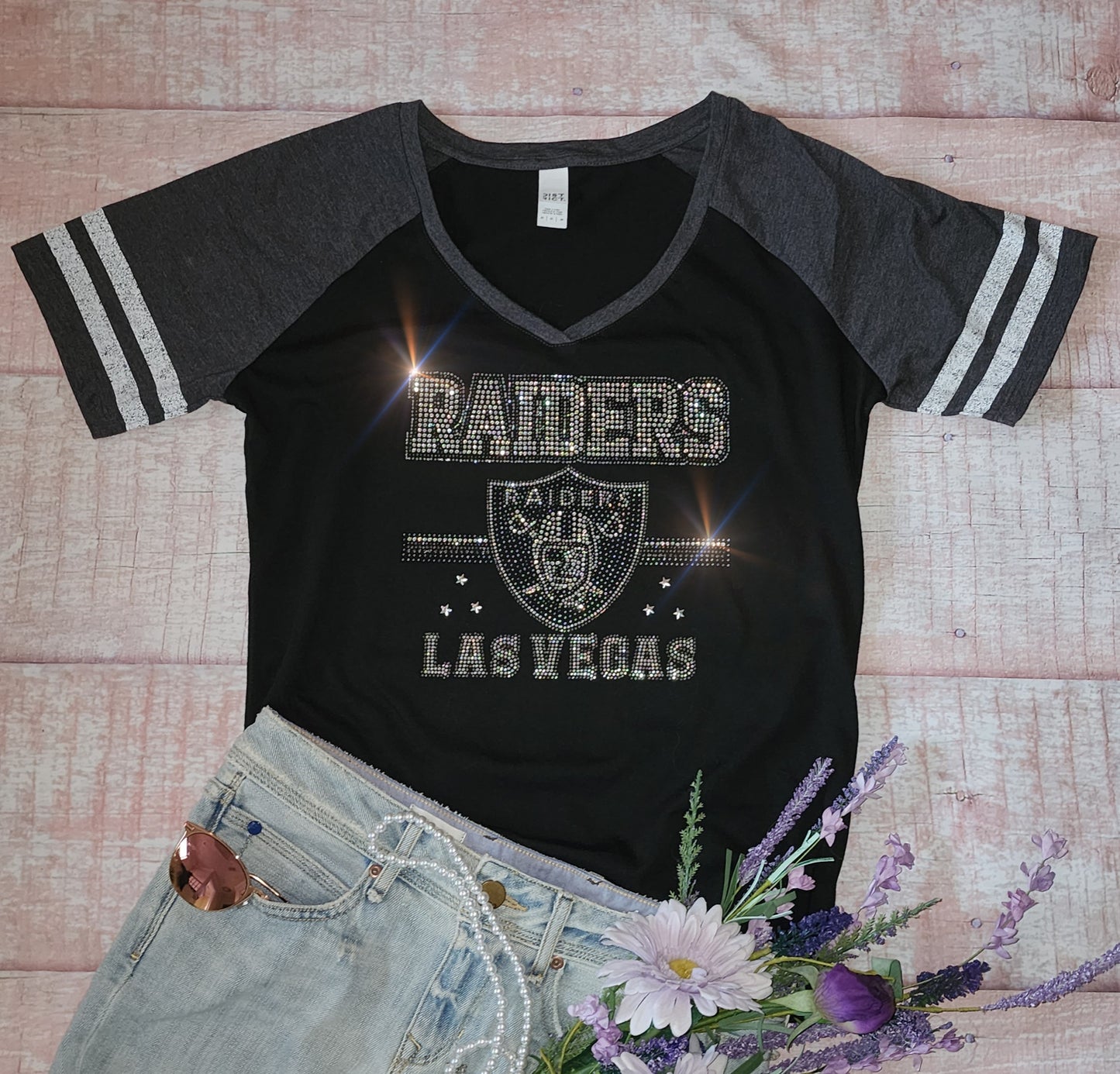 Rhinestone Raiders Striped Sleeve Women's Relaxed Fit V-Neck T-shirt Bling Baltimore Ravens Top