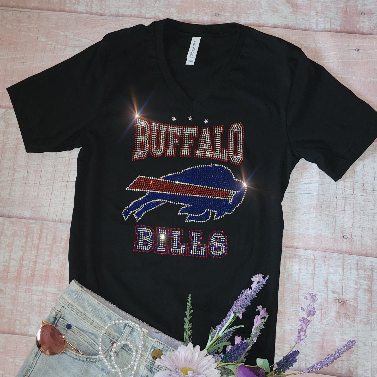 Rhinestone Bills UNISEX V-Neck OR Crewneck Black T-shirt Bling Buffalo Bills Women's Shirt