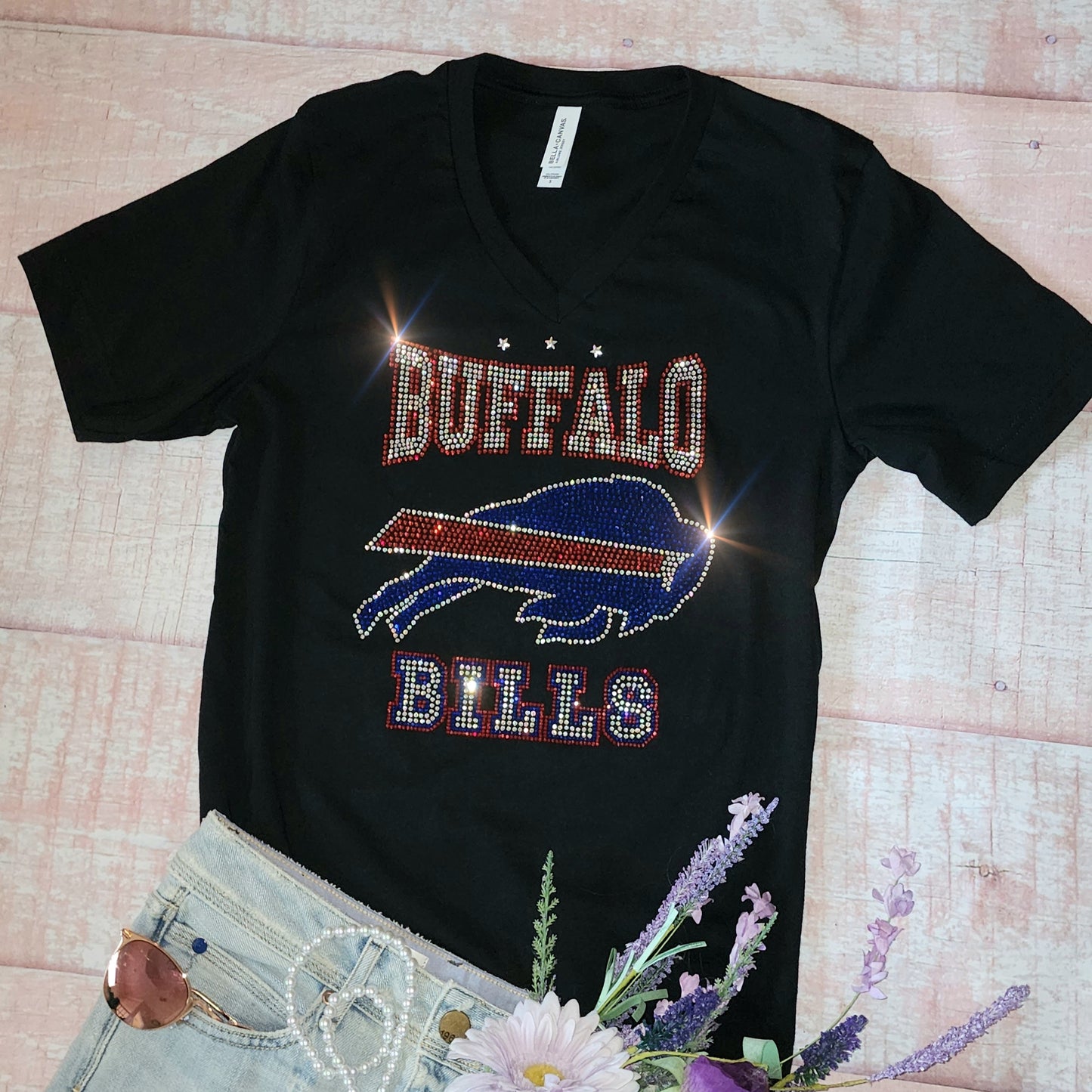 Rhinestone Bills UNISEX V-Neck OR Crewneck Black T-shirt Bling Buffalo Bills Women's Shirt