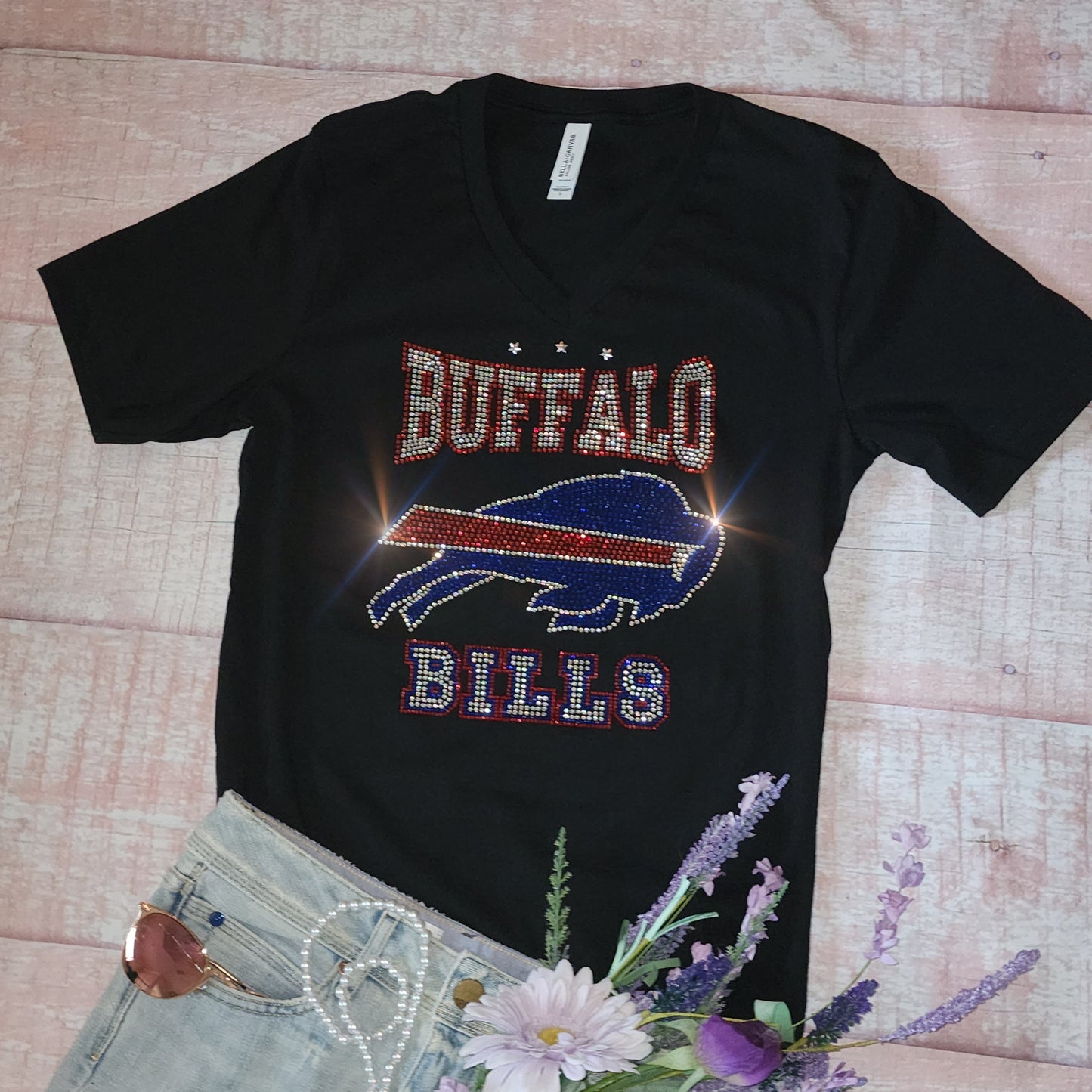 Rhinestone Bills UNISEX V-Neck OR Crewneck Black T-shirt Bling Buffalo Bills Women's Shirt