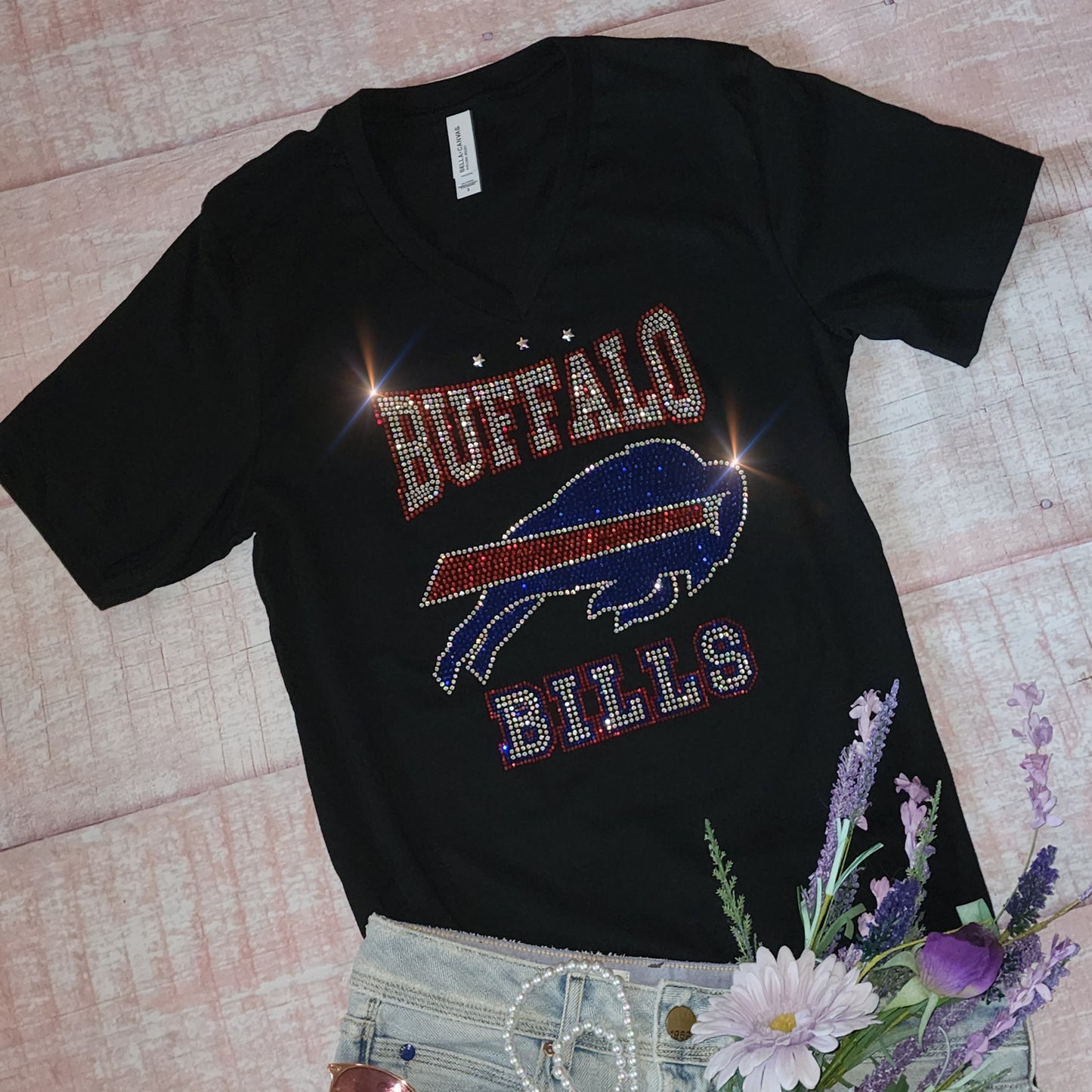 Rhinestone Bills UNISEX V-Neck OR Crewneck Black T-shirt Bling Buffalo Bills Women's Shirt