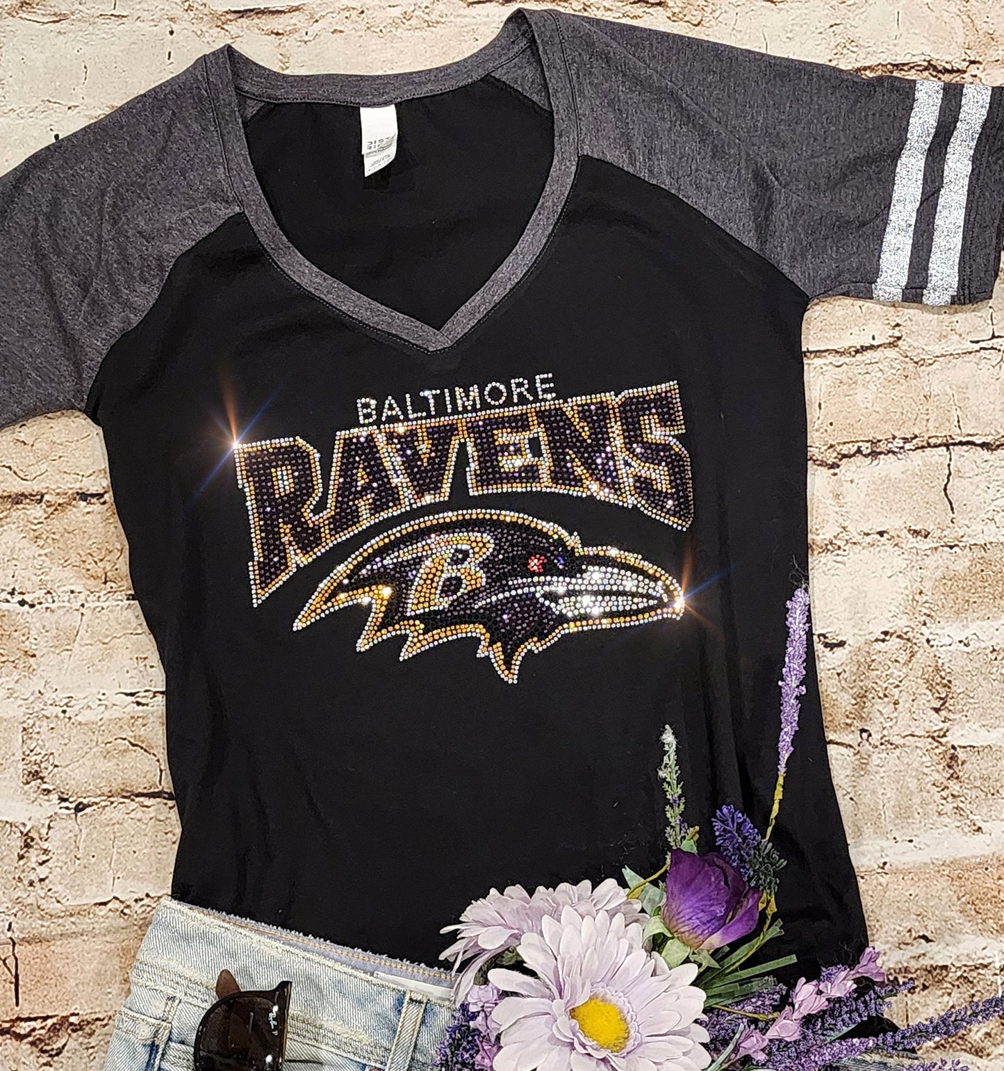 Rhinestone Ravens Women's Relaxed Fit V-Neck T-shirt Striped Sleeve Bling Baltimore Ravens Top