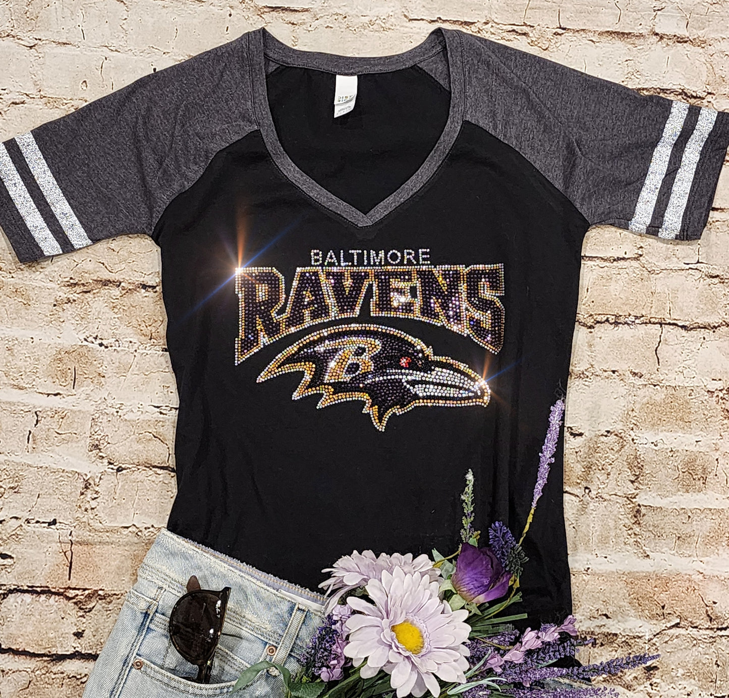 Rhinestone Ravens Women's Relaxed Fit V-Neck T-shirt Striped Sleeve Bling Baltimore Ravens Top