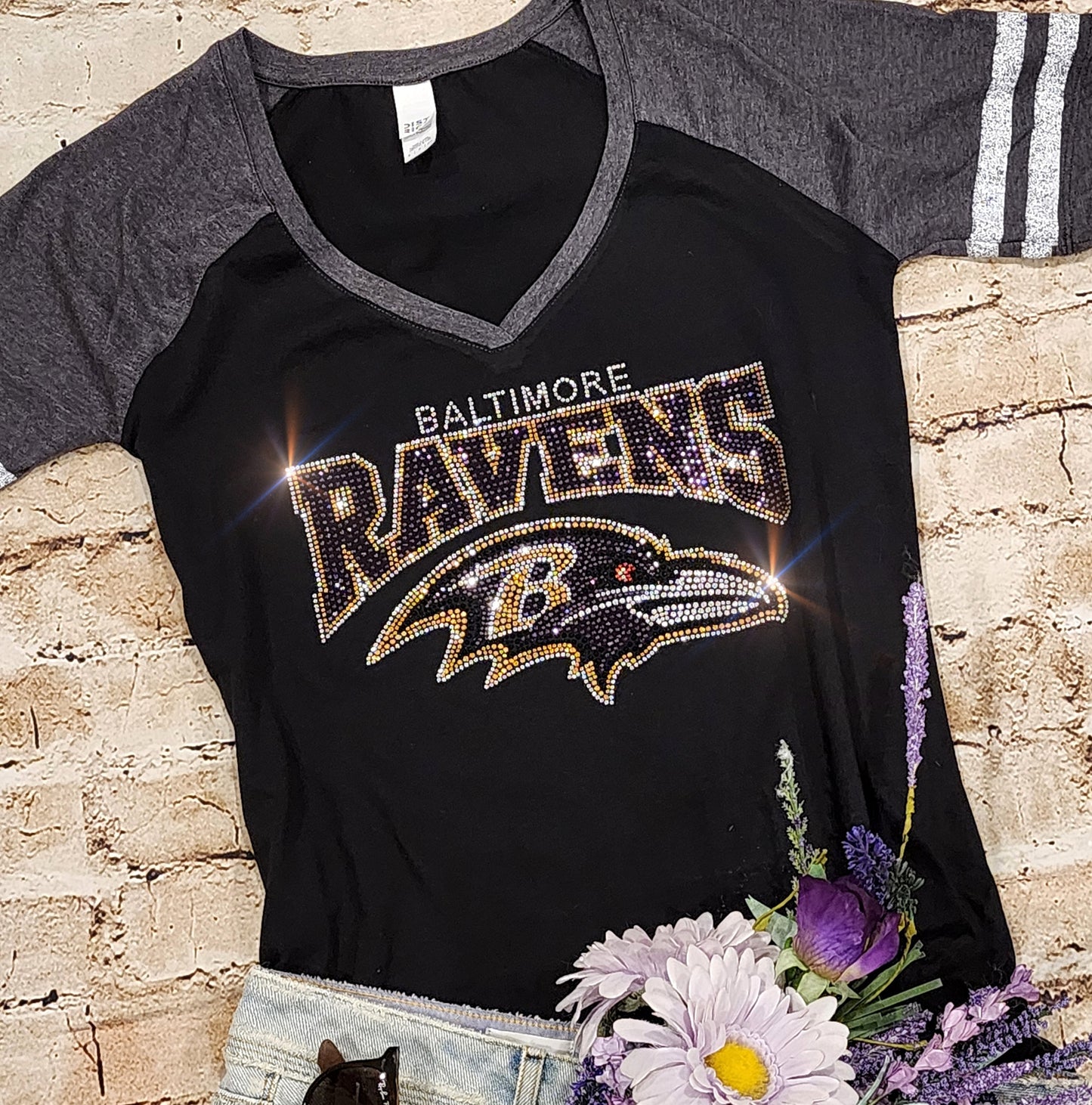 Rhinestone Ravens Women's Relaxed Fit V-Neck T-shirt Striped Sleeve Bling Baltimore Ravens Top