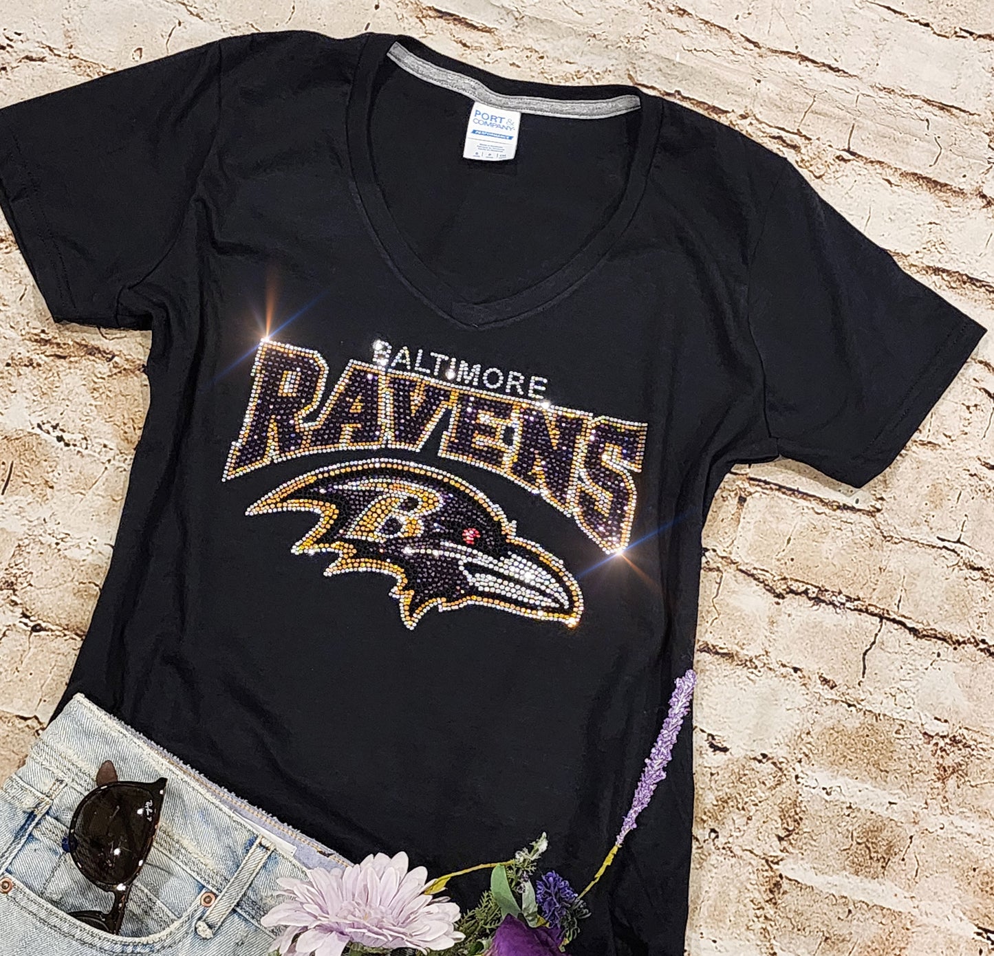 Rhinestone Ravens Women's Relaxed Fit V-Neck T-shirt Bling Baltimore Ravens Top